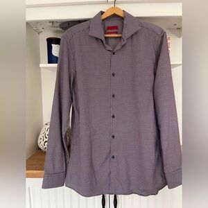HUGO BOSS 15.5” burgundy/grey micro geometric pattern slim long sleeve shirt